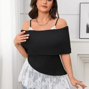 Plus Size Lace Detail Spaghetti Strap Short Sleeve Top
