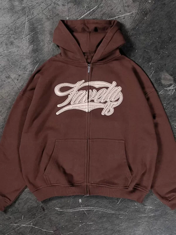 Men's Letter Embroidered Zip Up Long Sleeve Hoodie - Image 5