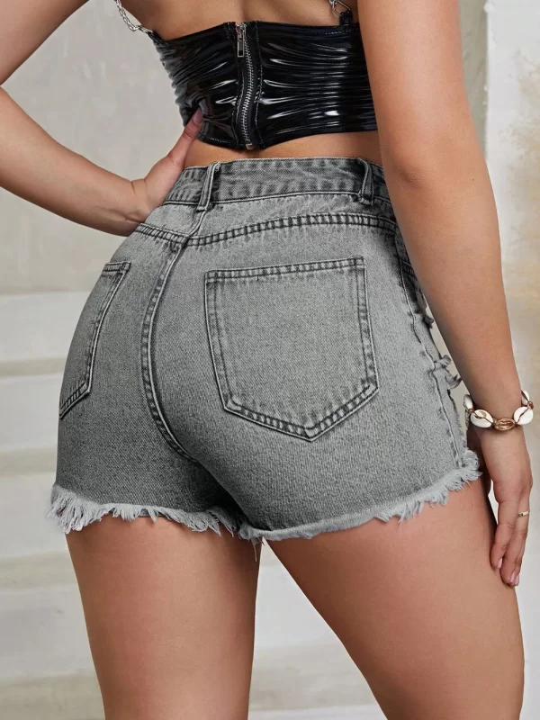 Distressed Raw Hem High Rise Denim Shorts - Image 2