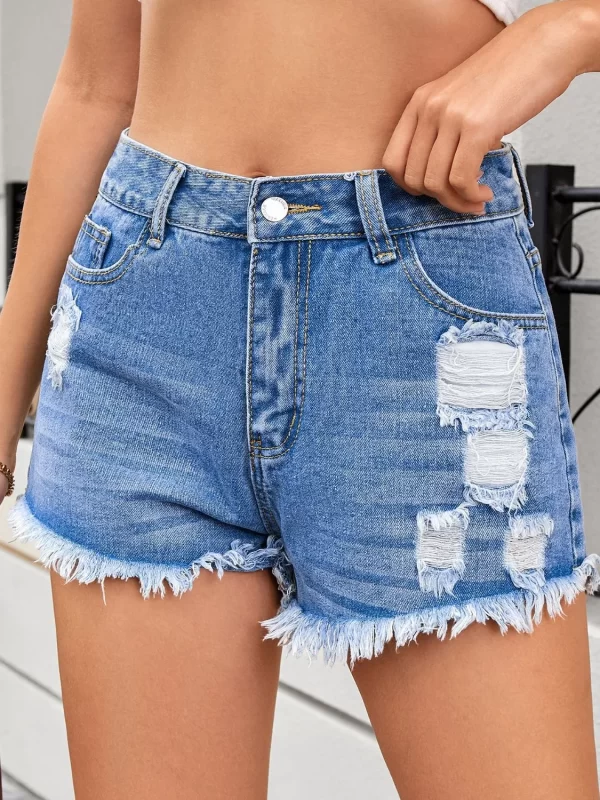 Distressed Raw Hem Denim Shorts - Image 11