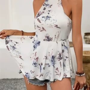 Floral Print Halter Neck Peplum Tank Top
