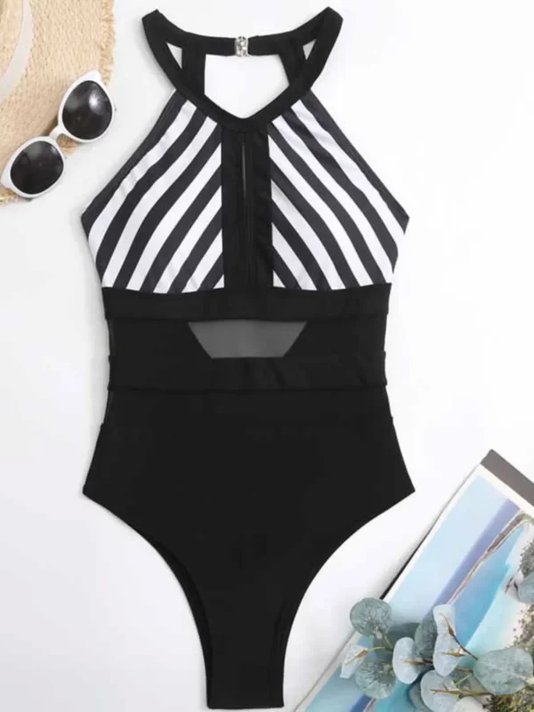 Mesh Detail Backless Striped One-Piece Swimsuit - Image 3