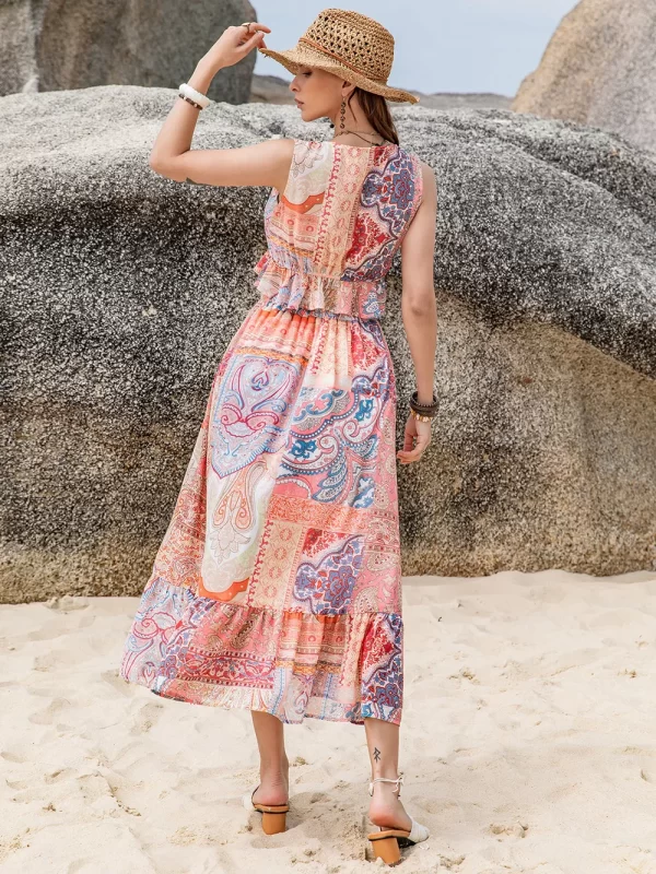 Printed V-Neck Top and Midi Skirt Set - Image 6