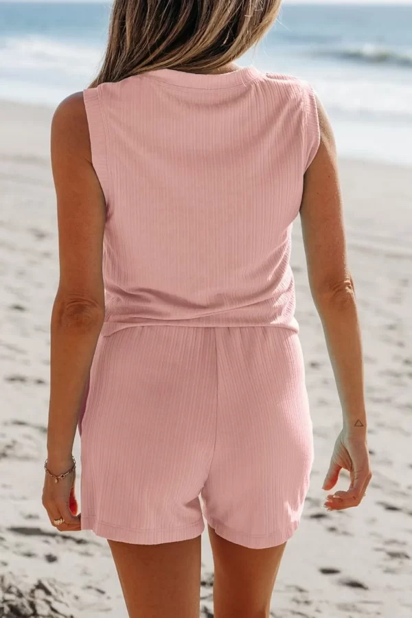 Ribbed Button V Neck Tank Top and Shorts Set - Image 15