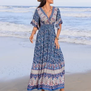 Ruched Printed Flounce Sleeve Midi Dress