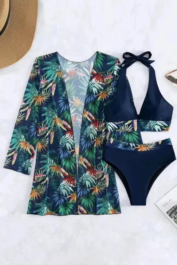 Printed Halter Neck Three-Piece Swim Set - Image 4