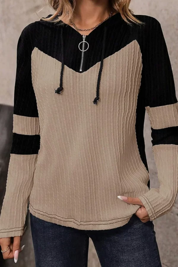 Drawstring Quarter Zip Contrast Long Sleeve Hoodie - Image 4