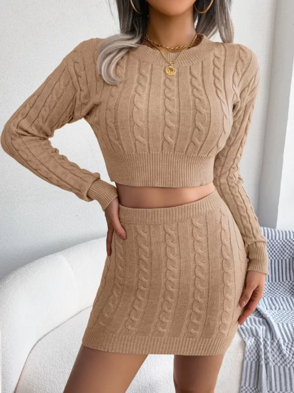 Cable-Knit Round Neck Top and Skirt Sweater Set - Image 8
