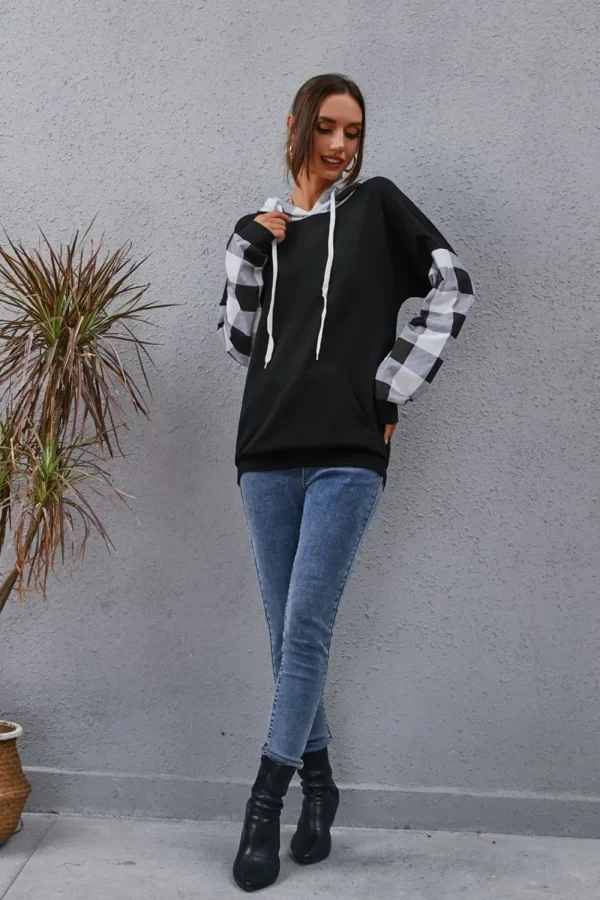 Plaid Drawstring Dropped Shoulder Hoodie - Image 5
