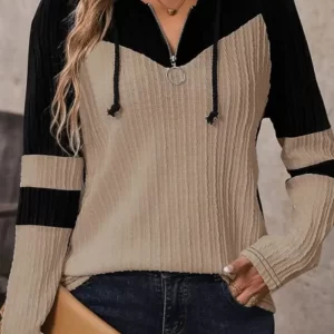 Drawstring Quarter Zip Contrast Long Sleeve Hoodie