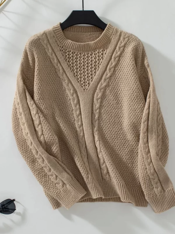 Openwork Cable-Knit Round Neck Long Sleeve Sweater - Image 4