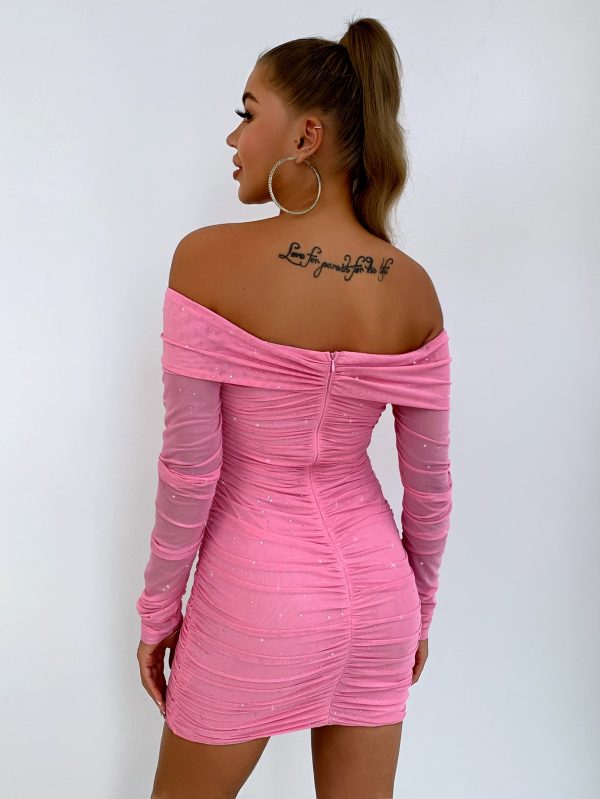 Glitter Ruched Off-Shoulder Long Sleeve Bodycon Dress - Image 6