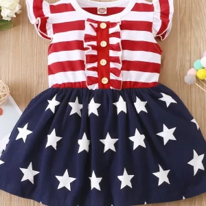 Striped & Stars Ruffled Round Neck Cap Sleeve Dress