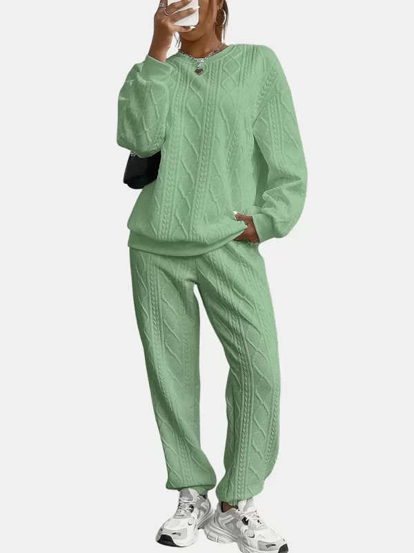 Texture Round Neck Top and Pants Set - Image 5