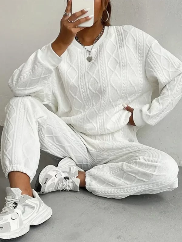 Texture Round Neck Top and Pants Set - Image 15
