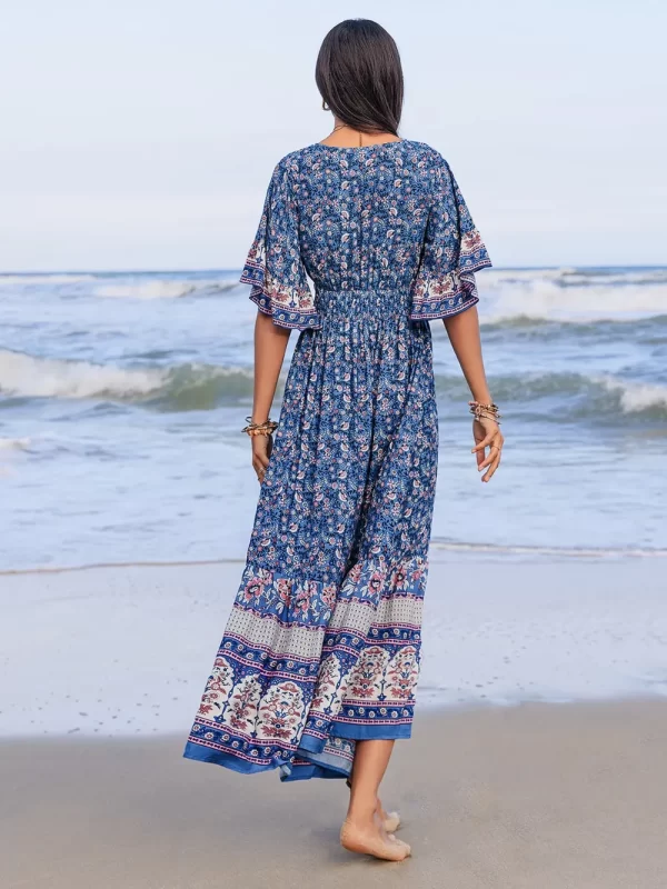 Ruched Printed Flounce Sleeve Midi Dress - Image 7