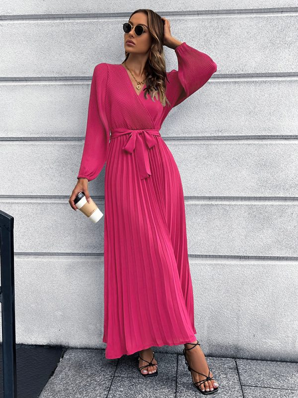 V-Neck Tie Waist Pleated Maxi Dress - Image 15