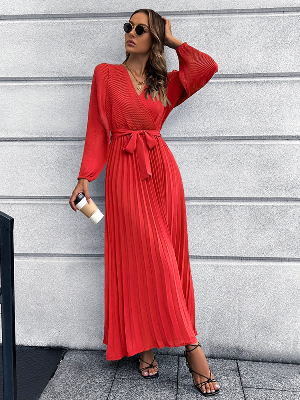 V-Neck Tie Waist Pleated Maxi Dress - Image 9