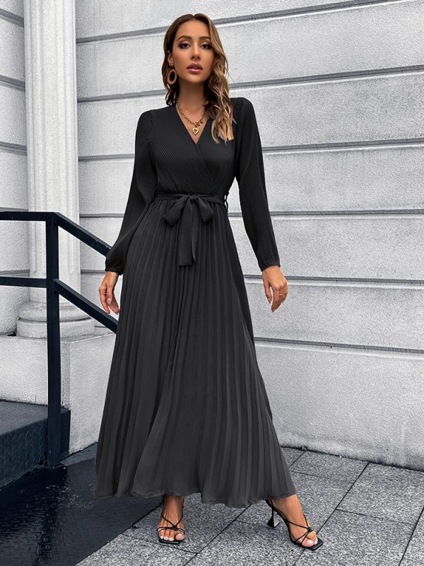 V-Neck Tie Waist Pleated Maxi Dress - Image 5