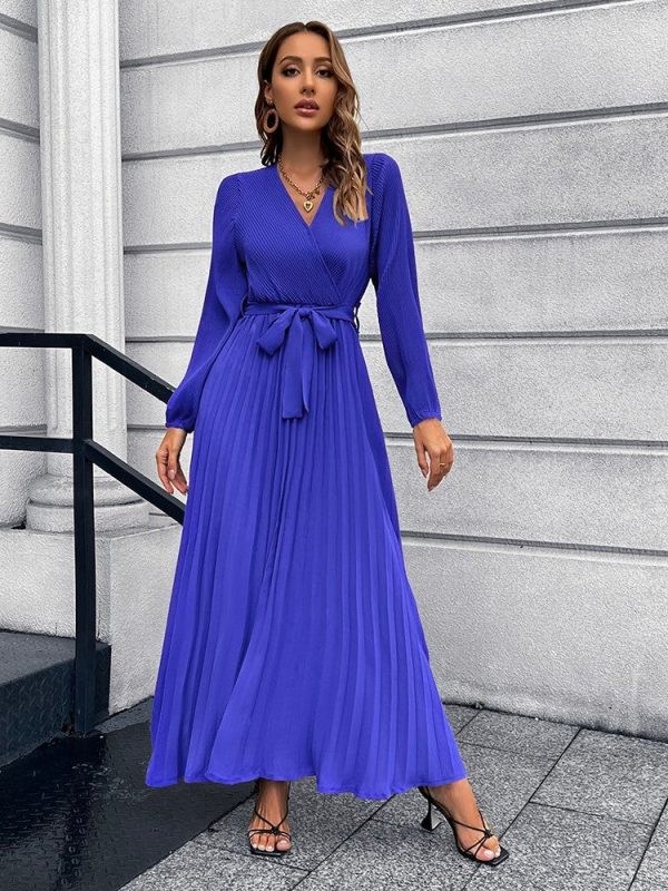 V-Neck Tie Waist Pleated Maxi Dress - Image 11