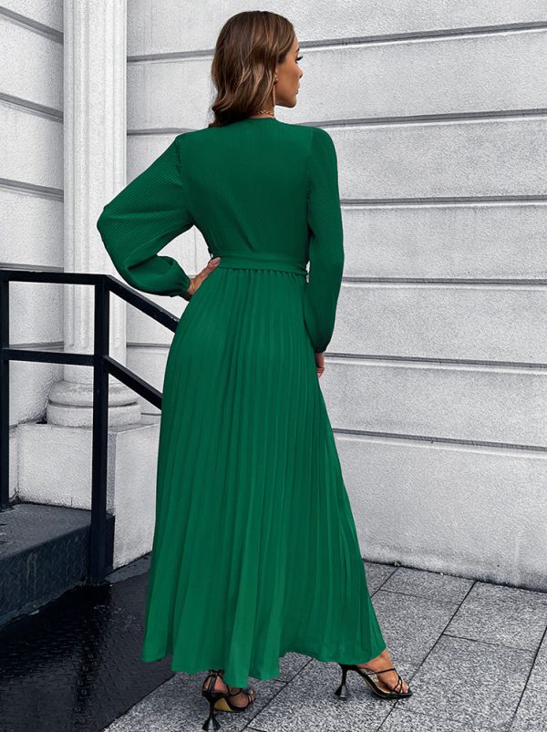 V-Neck Tie Waist Pleated Maxi Dress - Image 3