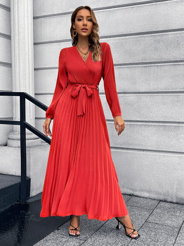 V-Neck Tie Waist Pleated Maxi Dress - Image 8