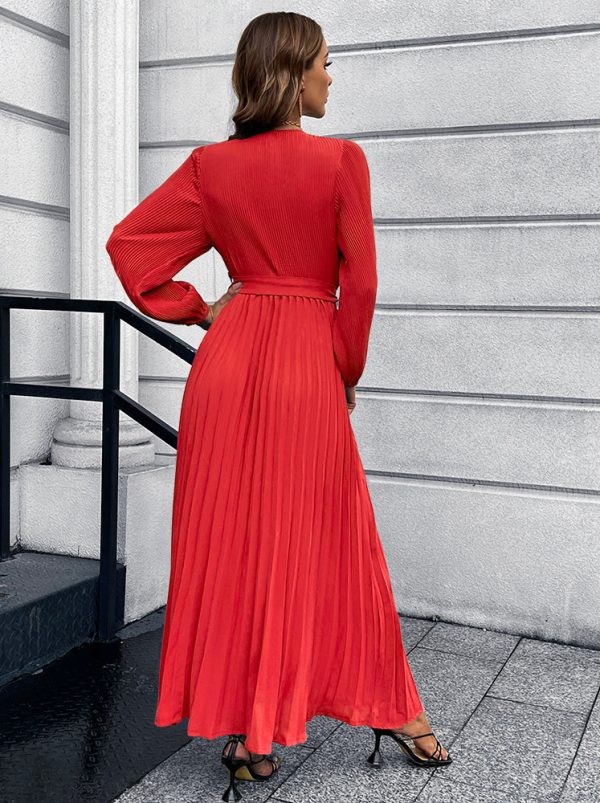 V-Neck Tie Waist Pleated Maxi Dress - Image 10