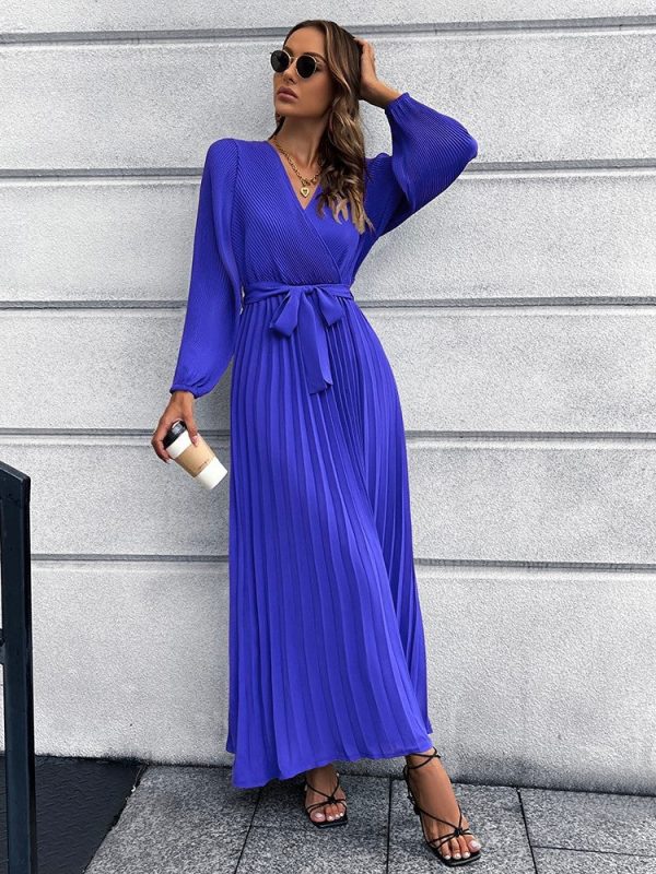 V-Neck Tie Waist Pleated Maxi Dress - Image 12