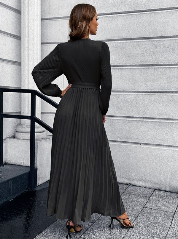 V-Neck Tie Waist Pleated Maxi Dress - Image 7