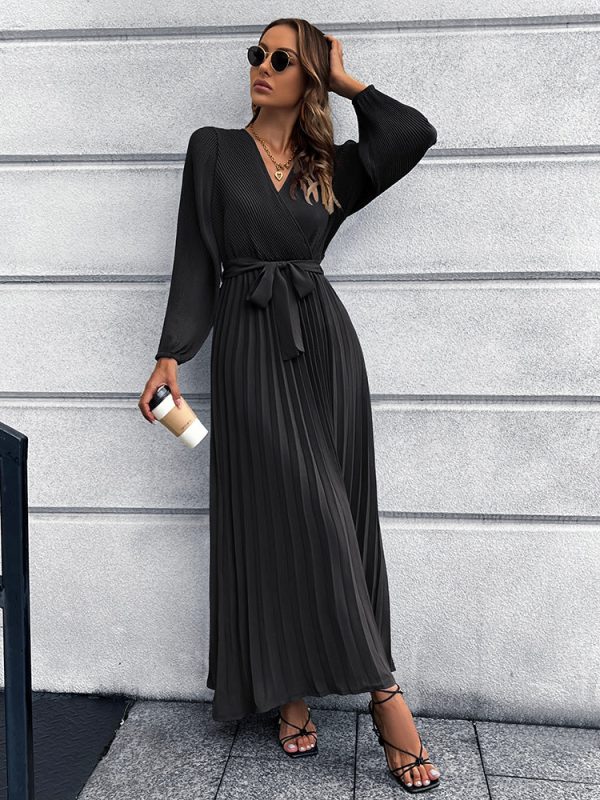 V-Neck Tie Waist Pleated Maxi Dress - Image 6