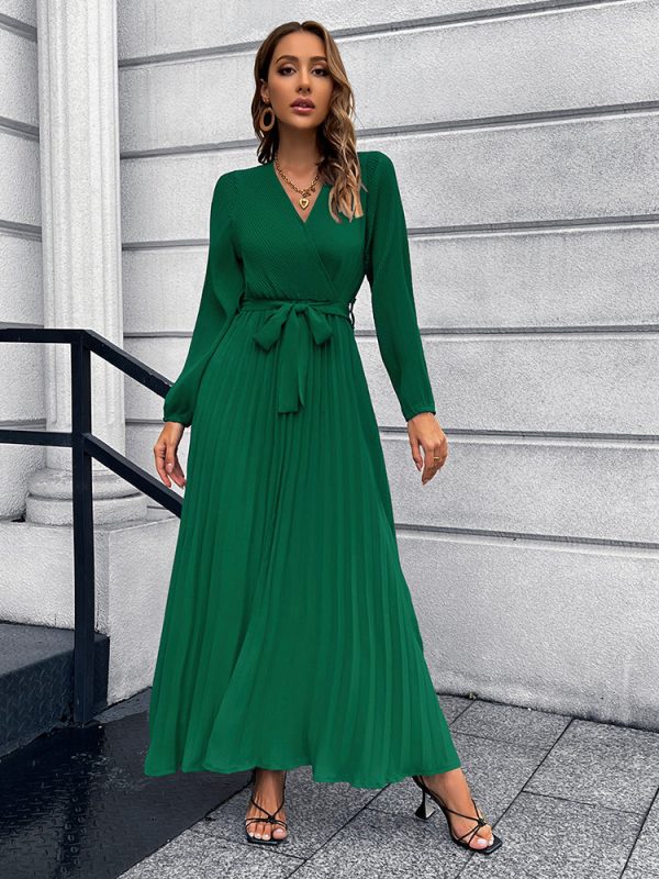 V-Neck Tie Waist Pleated Maxi Dress - Image 2