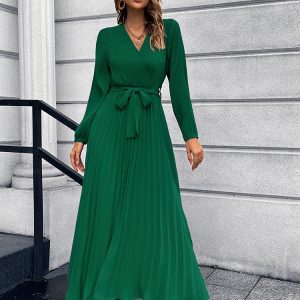 V-Neck Tie Waist Pleated Maxi Dress
