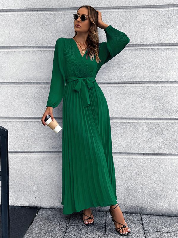 V-Neck Tie Waist Pleated Maxi Dress - Image 4