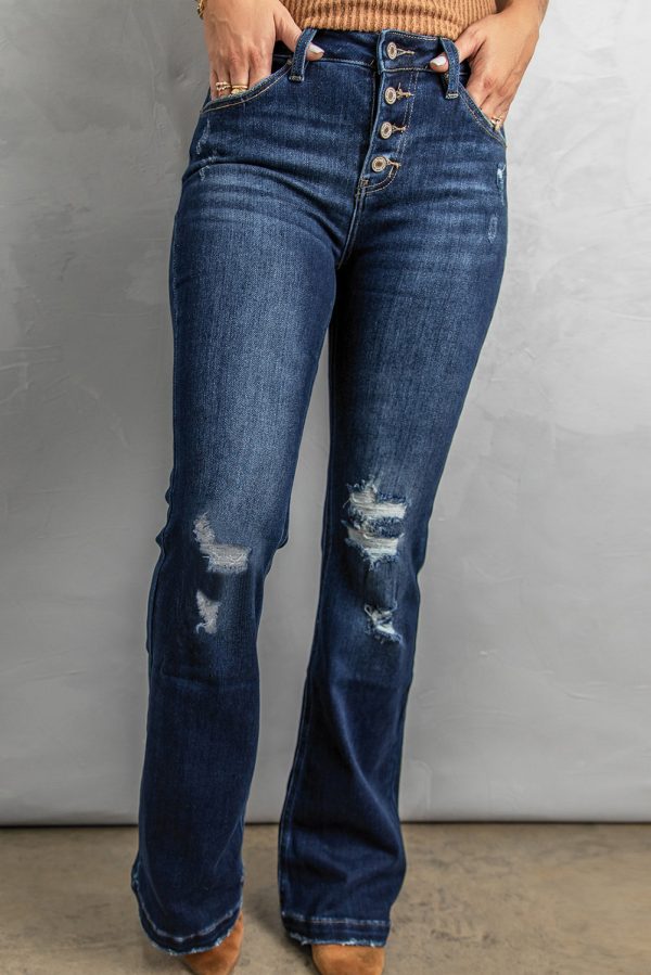 Button Fly Distressed Bootcut Jeans - Image 4