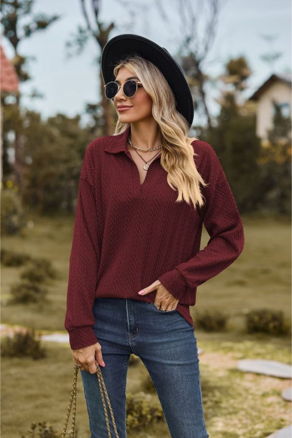 Collared Neck Cable-Knit Long Sleeve Blouse - Image 15
