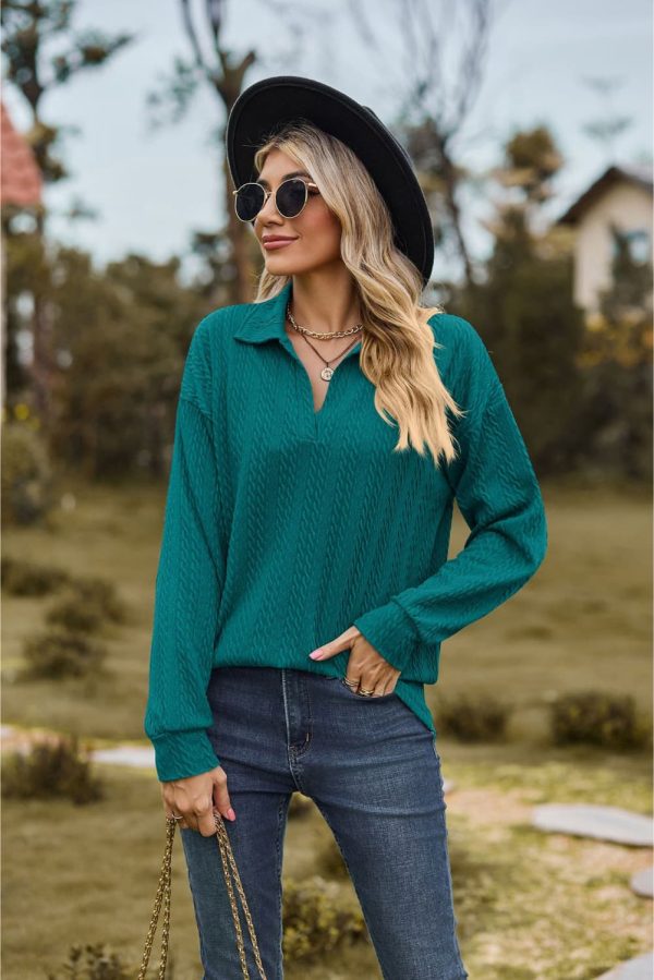 Collared Neck Cable-Knit Long Sleeve Blouse - Image 12