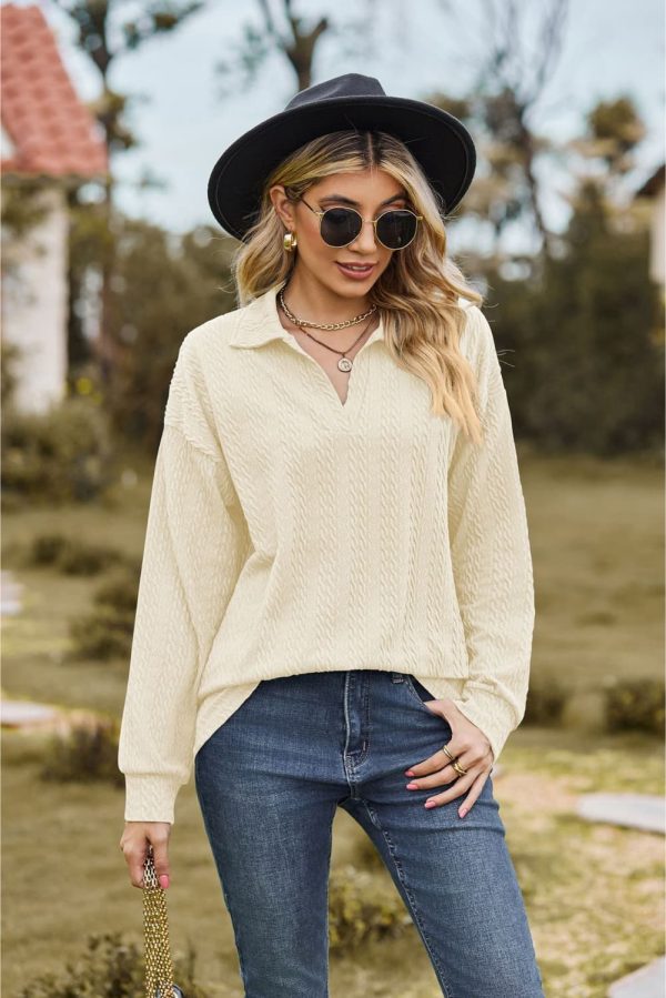 Collared Neck Cable-Knit Long Sleeve Blouse - Image 5