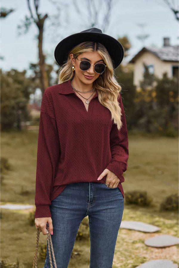 Collared Neck Cable-Knit Long Sleeve Blouse - Image 14