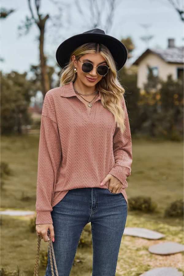 Collared Neck Cable-Knit Long Sleeve Blouse - Image 9