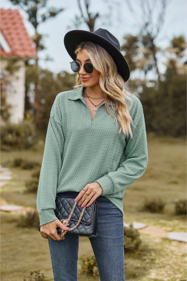 Collared Neck Cable-Knit Long Sleeve Blouse - Image 4