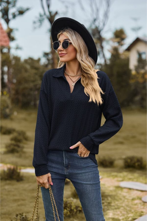 Collared Neck Cable-Knit Long Sleeve Blouse - Image 24