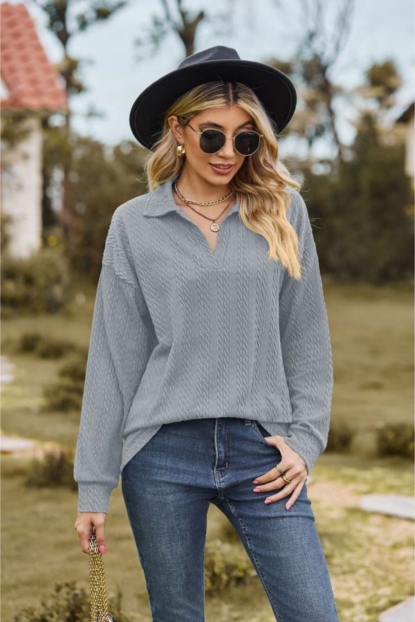 Collared Neck Cable-Knit Long Sleeve Blouse - Image 17