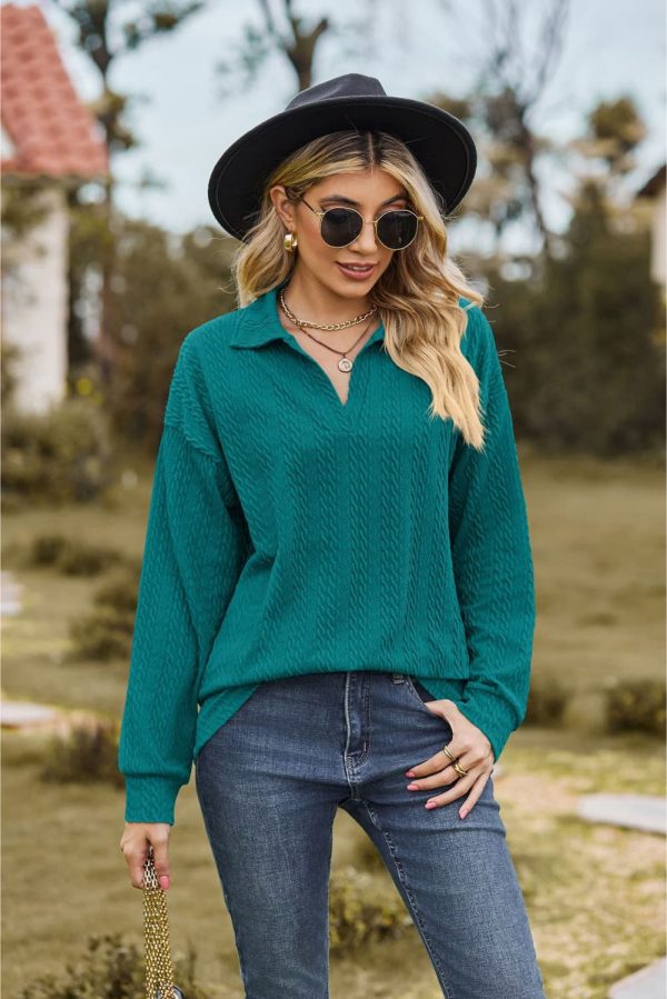 Collared Neck Cable-Knit Long Sleeve Blouse - Image 11