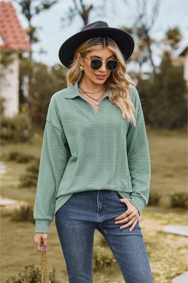 Collared Neck Cable-Knit Long Sleeve Blouse - Image 2