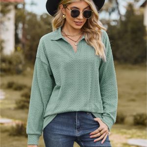 Collared Neck Cable-Knit Long Sleeve Blouse