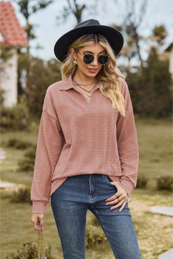 Collared Neck Cable-Knit Long Sleeve Blouse - Image 8