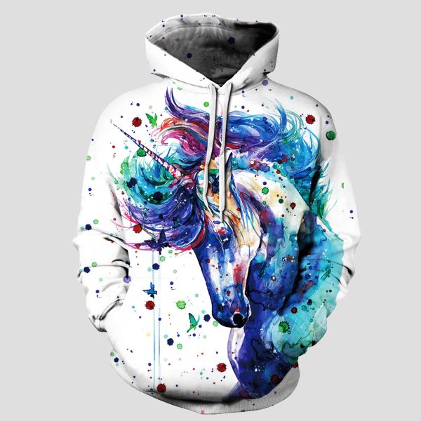 Full Size Unicorn Print Drawstring Hoodie with Pockets - Image 2