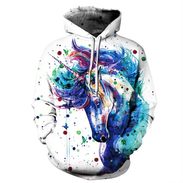 Full Size Unicorn Print Drawstring Hoodie with Pockets - Image 3