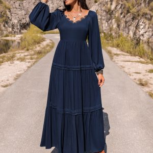 Long Sleeve Lace Trim Maxi Dress