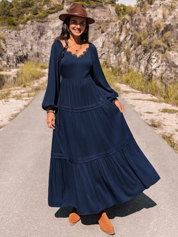 Long Sleeve Lace Trim Maxi Dress - Image 5